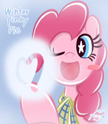 Size: 1774x2048 | Tagged: safe, artist:garammasara, pinkie pie, earth pony, pony, g4, blue background, blushing, bust, clothes, female, happy, mare, one eye closed, open mouth, open smile, scarf, signature, simple background, smiling, starry eyes, stars, text, wingding eyes, winter