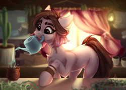 Size: 3851x2776 | Tagged: safe, artist:rico_chan, oc, oc only, oc:naga, earth pony, pony, cactus, chest fluff, earth pony oc, female, greenhouse, high res, indoors, lightning, mare, mouth hold, plant, plant pot, smiling, solo, watering can, window