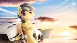 Size: 1920x1079 | Tagged: safe, artist:phoenixrk49, oc, oc only, oc:thunder (fl), pegasus, pony, bipedal, bipedal leaning, boat, car, crossed hooves, cruise ship, jesko, koenigsegg, leaning, looking at you, male, pegasus oc, plane, solo, stallion, sunset, supercar