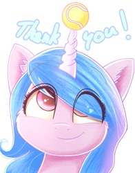 Size: 1155x1473 | Tagged: safe, artist:phoenixrk49, izzy moonbow, pony, unicorn, g5, my little pony: a new generation, ball, bust, exclamation point, eye clipping through hair, eyebrows, eyebrows visible through hair, female, horn, hornball, izzy's tennis ball, looking up, mare, simple background, smiling, solo, tennis ball, thank you, white background