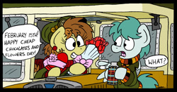 Size: 1024x535 | Tagged: safe, artist:bobthedalek, oc, oc only, oc:bubble pump, oc:clippy ticket, earth pony, pegasus, pony, comic:trottingham transport, bus, chocolate, clothes, comic, duo, ear piercing, earring, flask, flower, food, hat, heart, hearts and hooves day, jewelry, messy mane, piercing, sweater, ugly public transport seating pattern