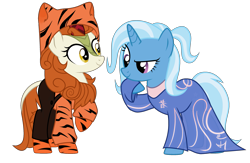 Size: 3015x1963 | Tagged: safe, artist:idkhesoff, autumn blaze, trixie, big cat, kirin, pony, tiger, unicorn, g4, alternate hairstyle, awwtumn blaze, chinese, chinese new year, clothes, cute, dress, duo, duo female, female, hoodie, lunar new year, mare, onesie, pants, raised hoof, simple background, socks, striped socks, tiger print, transparent background, year of the tiger