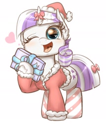 Size: 1642x1920 | Tagged: safe, artist:phoenixrk49, twilight velvet, pony, unicorn, g4, christmas, clothes, costume, cute, eye reflection, female, hat, heart, holiday, looking at you, mare, one eye closed, open mouth, open smile, present, raised hoof, reflection, ribbon, santa costume, santa hat, simple background, smiling, smiling at you, socks, solo, stockings, striped socks, thigh highs, velvetbetes, white background, wink, winking at you