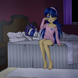 Size: 2000x2000 | Tagged: safe, artist:nekojackun, flash sentry, rarity, oc, oc:felicity sentry, human, equestria girls, g4, barefoot, bed, bedroom, clothes, commissioner:shortskirtsandexplosions, commissioner:syntakitty, crossdressing, feet, female, femboy, girly sentry, hair curlers, hairband, high res, male, night, one eye closed, open mouth, pajamas, pillow, sleep mask, sleeping, sleepover, sleepy, tired, waking up, yawn