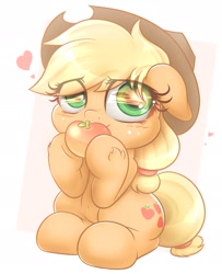 Size: 1558x1920 | Tagged: safe, artist:phoenixrk49, applejack, earth pony, pony, g4, apple, applejack's hat, blushing, covering mouth, cowboy hat, cute, eye clipping through hair, eye reflection, female, food, hat, heart, jackabetes, looking at you, mare, partial background, reflection, simple background, sitting, solo, weapons-grade cute, white background