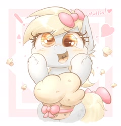Size: 1836x1920 | Tagged: safe, artist:phoenixrk49, derpy hooves, pegasus, pony, blushing, bust, cute, derpabetes, exclamation point, eye reflection, female, food, happy, heart, hoof on cheek, looking at something, mare, muffin, open mouth, open smile, reflection, ribbon, smiling, solo, text, weapons-grade cute