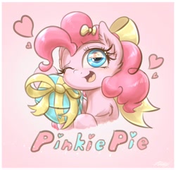 Size: 1920x1850 | Tagged: safe, artist:phoenixrk49, pinkie pie, earth pony, pony, g4, bust, cute, diapinkes, eye reflection, female, gradient background, heart, looking at you, mare, one eye closed, open mouth, open smile, present, reflection, ribbon, signature, smiling, smiling at you, solo, text, wink, winking at you