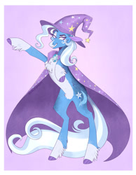 Size: 1280x1653 | Tagged: safe, artist:wanderingpegasus, trixie, pony, unicorn, g4, action pose, alternate hairstyle, cape, chest fluff, clothes, coat markings, eyeshadow, facial markings, februpony, female, freckles, grin, hat, makeup, mare, markings, pale belly, pink background, pubic fluff, raised hoof, simple background, smiling, smug, snip (coat marking), socks (coat markings), solo, standing on two hooves, trixie's cape, trixie's hat, unshorn fetlocks
