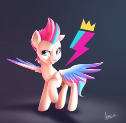 Size: 3080x3020 | Tagged: safe, artist:alfunezart, zipp storm, pegasus, pony, g5, my little pony: a new generation, colored wings, cutie mark, eyebrows, female, gradient background, gradient wings, grin, high res, looking at you, mare, raised hoof, shadow, signature, smiling, smiling at you, solo, spread wings, wings