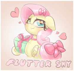 Size: 1920x1850 | Tagged: safe, artist:phoenixrk49, fluttershy, pegasus, pony, blushing, bust, choker, chokershy, cute, eye reflection, female, floppy ears, gradient background, heart, looking away, mare, present, reflection, ribbon, shyabetes, signature, solo, text, wing hold, wings