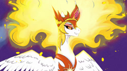 Size: 1280x720 | Tagged: safe, artist:angelicdrift, daybreaker, alicorn, pony, g4, colored pupils, crown, digital art, ethereal mane, eyelashes, eyeshadow, feather, female, fire, flowing mane, gem, helmet, horn, jewelry, lidded eyes, looking at you, makeup, mane of fire, mare, orange eyes, purple background, regalia, simple background, smiling, solo, spread wings, teeth, wings