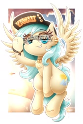 Size: 1299x1920 | Tagged: safe, artist:phoenixrk49, oc, oc only, oc:aqua everglow, pegasus, pony, chest fluff, female, hat, looking at you, mare, partial background, pegasus oc, simple background, solo, spread wings, text, white background, wings