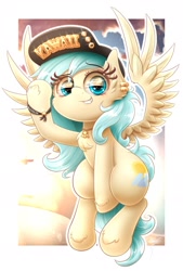 Size: 1299x1920 | Tagged: safe, alternate version, artist:phoenixrk49, oc, oc only, oc:aqua everglow, pegasus, pony, chest fluff, female, hat, looking at you, mare, partial background, pegasus oc, simple background, solo, spread wings, text, white background, wings