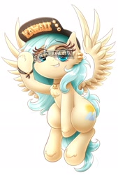 Size: 1299x1920 | Tagged: safe, alternate version, artist:phoenixrk49, oc, oc only, oc:aqua everglow, pegasus, pony, chest fluff, female, hat, looking at you, mare, pegasus oc, simple background, solo, spread wings, text, white background, wings