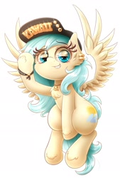 Size: 1299x1920 | Tagged: safe, alternate version, artist:phoenixrk49, oc, oc only, oc:aqua everglow, pegasus, pony, chest fluff, female, hat, looking at you, mare, pegasus oc, simple background, solo, spread wings, text, white background, wings