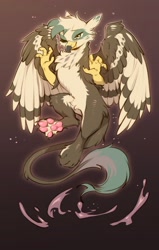 Size: 1020x1599 | Tagged: safe, artist:swaybat, oc, oc only, oc:dillinger, griffon, chest fluff, eyelashes, gradient background, griffon oc, grin, male, one eye closed, pale belly, paw pads, paws, raffle prize, raised paw, smiling, solo, spread wings, underpaw, wings