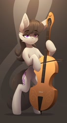 Size: 1648x3000 | Tagged: safe, artist:n_thing, octavia melody, earth pony, pony, bipedal, black mane, black tail, bow (instrument), cello, cello bow, cheek fluff, chest fluff, cutie mark background, ear fluff, eyebrows, eyebrows visible through hair, eyelashes, female, gray coat, high res, looking at you, mare, musical instrument, playing instrument, purple eyes, solo, tail