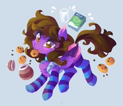 Size: 2048x1760 | Tagged: oc name needed, safe, artist:saxopi, oc, oc only, pegasus, pony, blue background, blushing, brown eyes, brown mane, brown tail, chest fluff, clothes, collar, colored wings, commission, cookie, cookie jar, eating, eye clipping through hair, eyebrows, eyebrows visible through hair, eyelashes, folded wings, food, glass, glass of milk, looking at you, milk, nestlé, no pupils, pegasus oc, purple coat, simple background, socks, solo, stockings, striped socks, tail, thigh highs, two toned wings, white shirt, wings