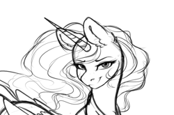 Size: 1254x829 | Tagged: safe, artist:miokomata, princess celestia, alicorn, pony, g4, black and white, female, grayscale, lidded eyes, looking at you, mare, monochrome, simple background, sketch, smiling, smiling at you, solo, white background