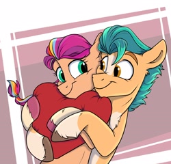 Size: 1832x1759 | Tagged: safe, artist:rutkotka, hitch trailblazer, sunny starscout, earth pony, pony, g5, my little pony: a new generation, cute, female, hearts and hooves day, hitchbetes, holiday, looking at each other, looking at someone, male, mane stripe sunny, mare, pillow, ship:starblazer, shipping, smiling, stallion, straight, sunnybetes, unshorn fetlocks, valentine's day