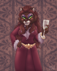 Size: 800x1000 | Tagged: safe, artist:hololynx, catrina, cat, anthro, g1, bangles, breasts, busty catrina, clothes, dress, glass, hand on hip, lidded eyes, signature, smiling, solo, wine glass