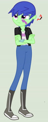 Size: 1872x4752 | Tagged: safe, artist:mechatomx, oc, oc only, oc:soren catastros, equestria girls, g4, androgynous, bishonen, boots, clothes, crossed arms, cutie mark on clothes, denim, equestria girls-ified, facial markings, frown, gray background, high heel boots, high res, jacket, jeans, male, pants, shirt, shoes, simple background, solo, wristband