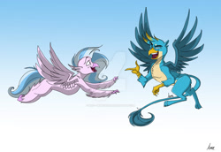 Size: 1280x880 | Tagged: safe, artist:mad munchkin, gallus, silverstream, griffon, hippogriff, g4, commission, deviantart watermark, duo, female, flying, male, obtrusive watermark, ship:gallstream, shipping, signature, straight, watermark
