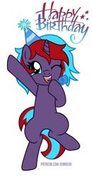 Size: 624x1200 | Tagged: safe, oc, oc only, oc:charming dazz, pony, unicorn, bipedal, happy, happy birthday, hat, jumping, looking at you, one eye closed, party hat, simple background, smiling, solo, transparent background, vector, wink, winking at you
