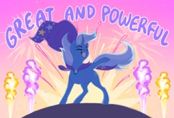 Size: 3648x2481 | Tagged: safe, artist:bluefeathercat, trixie, pony, unicorn, g4, cape, clothes, eyes closed, female, fireworks, great and powerful, grin, hat, high res, mare, raised leg, smiling, solo, stage, trixie's cape, trixie's hat, windswept mane