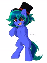 Size: 2019x2672 | Tagged: safe, artist:cottonsweets, oc, oc only, oc:beth, earth pony, pony, bipedal, earth pony oc, eye clipping through hair, hat, high res, open mouth, simple background, solo, top hat, white background