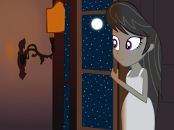 Size: 1122x844 | Tagged: safe, artist:hakdurbin, octavia melody, equestria girls, g4, clothes, female, full moon, moon, night, nightgown, sleepwear, solo, stars, white dress