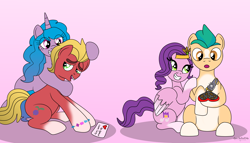 Size: 5300x3030 | Tagged: safe, artist:small-brooke1998, hitch trailblazer, izzy moonbow, pipp petals, sprout cloverleaf, earth pony, pegasus, pony, unicorn, g5, my little pony: a new generation, adorapipp, bracelet, chocolate, cute, female, food, happy, headband, holiday, jewelry, male, mare, open mouth, open smile, ship:izzysprout, ship:pitch, shipping, smiling, stallion, straight, valentine's day