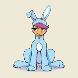 Size: 1952x1952 | Tagged: safe, artist:aquaticvibes, scootaloo, pegasus, pony, g4, angry, animal costume, blushing, bunny costume, clothes, costume, cute, cutealoo, embarrassed, eyebrows, eyebrows visible through hair, female, filly, foal, madorable, scootaloo is not amused, simple background, sitting, solo, unamused