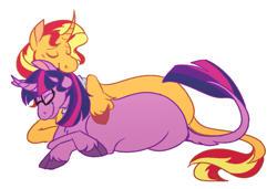 Size: 966x660 | Tagged: safe, artist:helianthanas, sci-twi, sunset shimmer, twilight sparkle, classical unicorn, pony, unicorn, equestria girls, cloven hooves, duo, duo female, equestria girls ponified, eyes closed, female, glasses, hug, leonine tail, lesbian, lying down, mare, ponified, prone, scitwishimmer, shipping, simple background, smiling, sunsetsparkle, transparent background, unicorn sci-twi, unshorn fetlocks