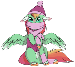 Size: 1024x915 | Tagged: safe, artist:fluffy-fillies, oc, oc only, oc:summer harvest, pegasus, pony, blushing, clothes, ear blush, eyebrows, eyebrows visible through hair, female, filly, floppy ears, foal, hat, leg warmers, offspring, parent:big macintosh, parent:fluttershy, parents:fluttermac, pegasus oc, scarf, simple background, sitting, solo, spread wings, transparent background, unshorn fetlocks, vest, wings