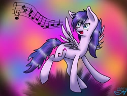 Size: 1024x768 | Tagged: safe, artist:lycantrin, oc, oc only, oc:purple roselyn, pegasus, pony, 2015, female, mare, music notes, solo