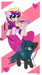 Size: 2160x3840 | Tagged: safe, artist:jubyskylines, princess cadance, queen chrysalis, changeling, changeling queen, pony, g4, arrow, bow (weapon), bow and arrow, duo, grumpy, high res, holiday, striped background, valentine's day, weapon