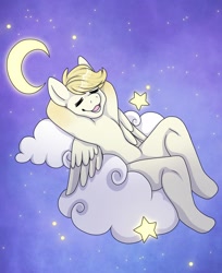 Size: 1634x2004 | Tagged: safe, artist:pipshaven, oc, oc only, oc:exist, pegasus, semi-anthro, cloud, cute, dreamy, eyes closed, moon, night, open mouth, open smile, partially open wings, sky, sleeping, smiling, solo, stars, wings