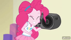 Size: 640x360 | Tagged: safe, screencap, pinkie pie, equestria girls, equestria girls specials, g4, my little pony equestria girls: better together, my little pony equestria girls: holidays unwrapped, o come all ye squashful, animated, clothes, cutie mark on clothes, eyes closed, female, geode of sugar bombs, gif, gifs.com, grin, jewelry, magical geodes, necklace, radio, smiling, solo, tank top