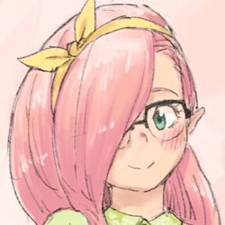 Size: 396x396 | Tagged: safe, artist:yanamosuda, fluttershy, human, g4, cute, glasses, hair over one eye, humanized, smiling