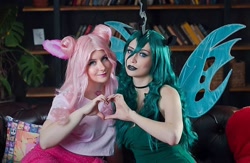 Size: 1080x702 | Tagged: safe, queen chrysalis, oc, oc:fluffle puff, human, g4, bare shoulders, clothes, cosplay, costume, duo, heart hands, irl, irl human, photo, sleeveless