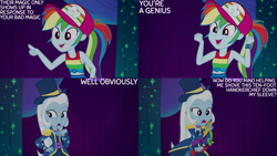 Size: 4400x2475 | Tagged: safe, edit, edited screencap, editor:quoterific, screencap, rainbow dash, trixie, equestria girls, equestria girls specials, g4, my little pony equestria girls: better together, my little pony equestria girls: spring breakdown, cap, clothes, cute, cutie mark on clothes, dashabetes, duo, duo female, female, geode of super speed, hat, magical geodes, open mouth, open smile, pointing, ponytail, sleeveless, smiling