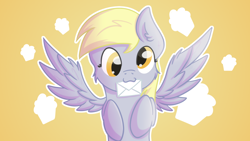 Size: 1920x1080 | Tagged: safe, artist:exobass, derpy hooves, pegasus, pony, g4, cute, derp, derpabetes, letter, mouth hold, solo, spread wings, wallpaper, wings