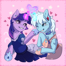Size: 6600x6600 | Tagged: safe, artist:alechan, twilight sparkle, oc, oc:crystal tundra, alicorn, pony, unicorn, g4, clothes, collar, couple, crossdressing, dress, ear piercing, earring, female, fluffy, heart, hearts and hooves day, hoof shoes, jewelry, magic, magic aura, male, mare, multiple variants, piercing, pink background, simple background, stallion, stars