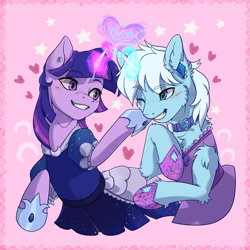 Size: 6600x6600 | Tagged: safe, alternate version, artist:alechan, twilight sparkle, oc, oc:crystal tundra, alicorn, pony, unicorn, g4, clothes, collar, couple, crossdressing, dress, ear piercing, earring, female, fluffy, heart, hearts and hooves day, hoof shoes, jewelry, magic, magic aura, male, mare, multiple variants, piercing, pink background, simple background, stallion, stars