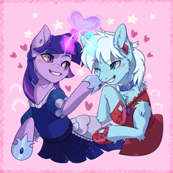 Size: 6600x6600 | Tagged: safe, alternate version, artist:alechan, twilight sparkle, oc, oc:crystal tundra, alicorn, pony, unicorn, g4, clothes, collar, couple, crossdressing, dress, ear piercing, earring, female, fluffy, heart, hearts and hooves day, hoof shoes, jewelry, magic, magic aura, male, mare, multiple variants, piercing, pink background, simple background, stallion, stars