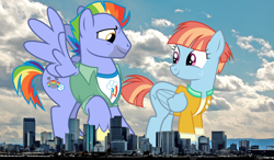 Size: 2048x1195 | Tagged: safe, artist:cheezedoodle96, artist:electrochoc, artist:thegiantponyfan, edit, bow hothoof, windy whistles, pegasus, pony, g4, colorado, denver, female, giant pegasus, giant pony, giantess, highrise ponies, irl, looking at each other, looking at someone, macro, male, mare, mega giant, photo, ponies in real life, ship:windyhoof, shipping, spread wings, stallion, story included, straight, wings