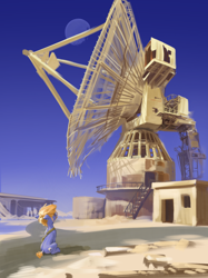 Size: 2048x2732 | Tagged: safe, artist:blue ink, oc, oc only, oc:blue ink, earth pony, pony, bag, building, bygone civilization, ears back, glasses, high res, moon, radio telescope, realistic, saddle bag, scenery, scenery focus, solo, stairs, surreal