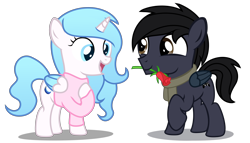 Size: 5136x2944 | Tagged: safe, artist:strategypony, oc, oc only, oc:darkdj, oc:madelyne ruiz, alicorn, pegasus, pony, clothes, colt, duo, female, filly, flower, foal, hearts and hooves day, holiday, male, mouth hold, raised hoof, rose, scarf, shipping, simple background, sweater, transparent background, valentine's day