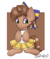 Size: 1473x1753 | Tagged: safe, artist:itwasscatters, oc, oc only, oc:heroic armour, pony, unicorn, bow, brown coat, brown mane, brown tail, cheerleader, cheerleader outfit, clothes, colt, crossdressing, dress, foal, frog (hoof), hair bow, hooves, hooves to the chest, horn, looking at you, male, signature, simple background, sitting, smiling, solo, tail, underhoof, unicorn oc